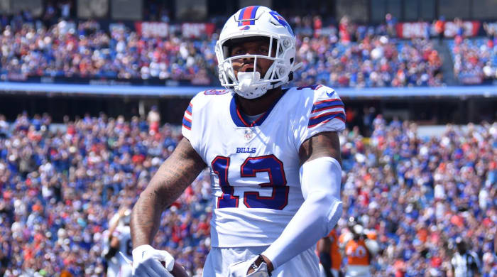 Aug 20, 2022; Orchard Park, New York, USA; Buffalo Bills wide receiver Gabriel Davis (13) celebrates scoring a touchdown in the first quarter of a pre-season game against the Denver Broncos at Highmark Stadium.